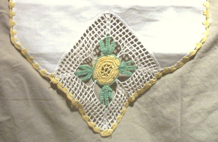 Crocheted Yellow Flowers on Linen Table Runner/Doily/Doilie FREE SHIPPING!