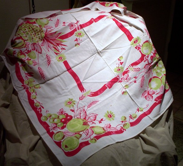 Vintage Printed Table Cloth Red & Green Fruits and Vines on White Linen FREE SHIPPING!
