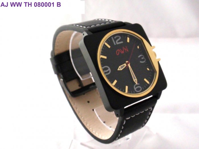 Trendy steel watch black gold plating with genuine leather and charming dial