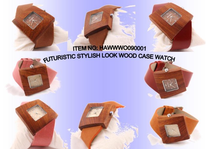 FUTURISTIC STYLISH LOOK WOOD CASE WATCH WITH GENUINE LEATHER STRAP