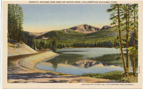 Sylvan Lake and Top Notch Peak, Yellowstone National Park Postcard 1937 WY #0074