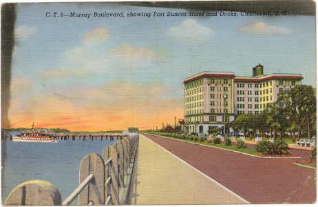 Murray Boulevard., Charleston, SC Postcard Fort Sumter Hotel and Docks 1940 #0077