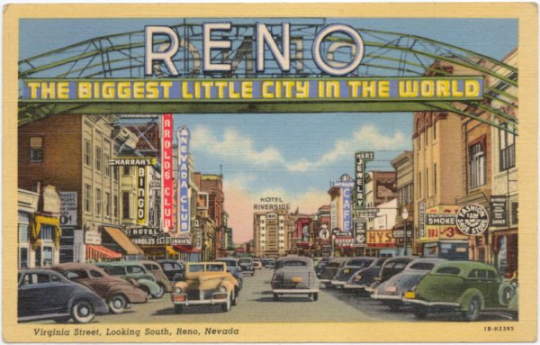 Virginia Street, Looking South, Reno, NV Entrance Sign Postcard 1941 #0280