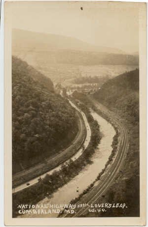 National Highway from Lover's Leap, Cumberland, MD RPPC US 40 postcard postmarked 1950 #0189