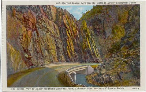 Curved Bridge Lower Thompson Canon, Rocky Mountain National Park CO Postcard Circa 1930s #0065