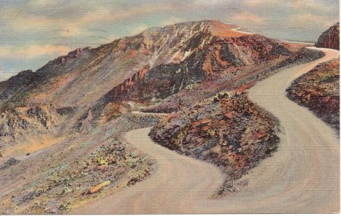 Switchbacks & Summit from Highway, Pike's Peak, CO Postcard 1935 #0219