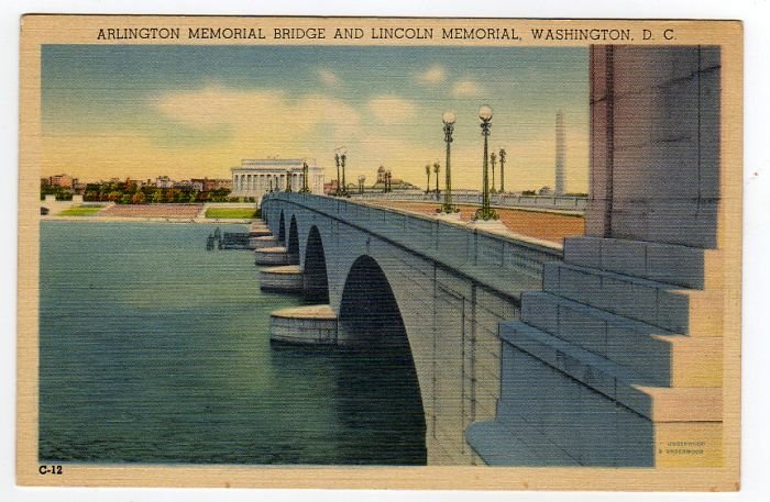 ARLINGTON MEMORIAL BRIDGE AND LINCOLN MEMORIAL Washington, DC Postcard circa 1930s #0306