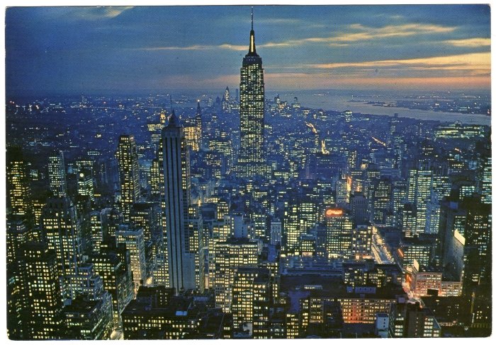 Twilight Birds eye view Empire State Building New York over-sized postcard circa 1950s #0324