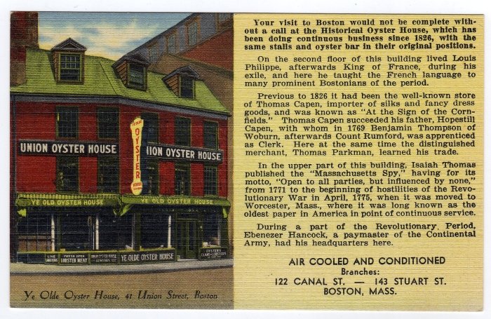 Ye Olde Oyster House Union St Boston, MA Linen Postcard Tichnor #0341