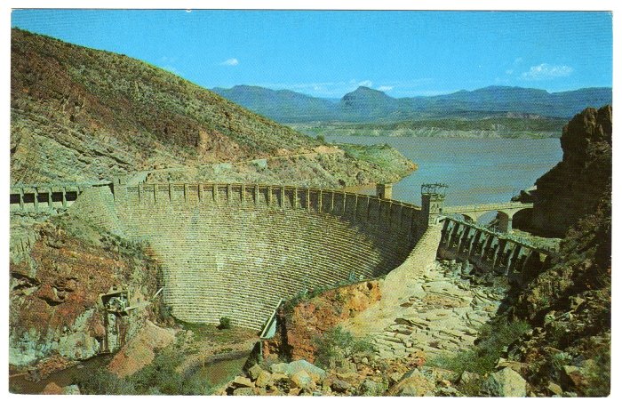 Aerial view Roosevelt Dam Roosevelt, AZ on The Apache Trail Postcard National Park #0395
