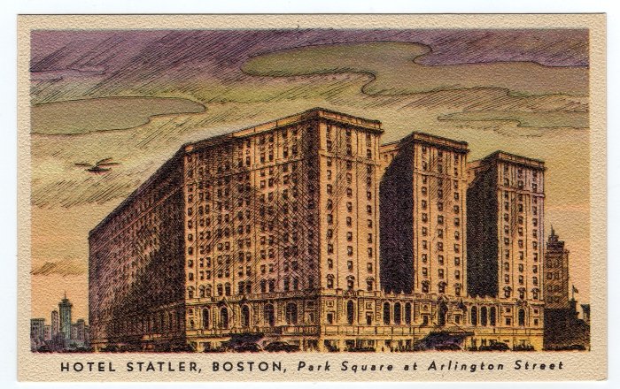 HOTEL STATLER, BOSTON, Park Square at Arlington Street, MA Linen Postcard #0343