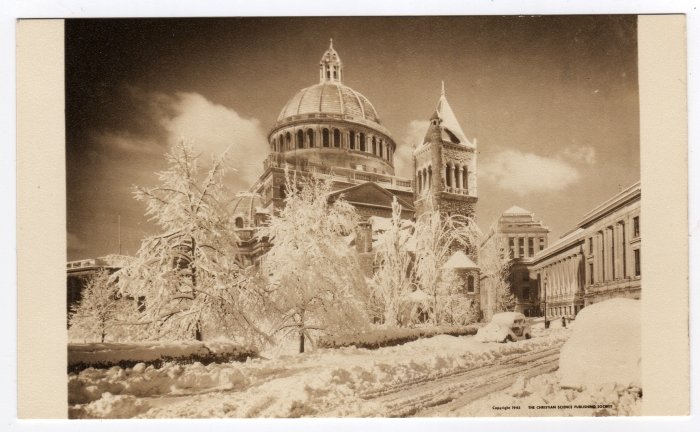 First Church of Christ, Scientist Boston, MA snow fall 1945 Sepia Postcard #0344