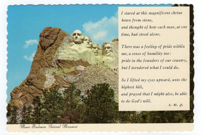 Mount Rushmore National Monument Postcard Prayer God's Will Dexter C. J. Tounsley photo #0367