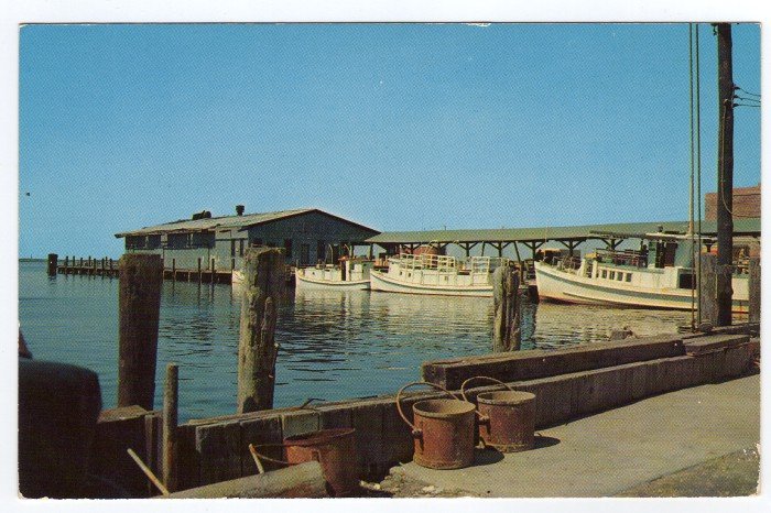 Passenger and Mail Boats Dock at Crisfield Harbor MD photo by C. H. Ruth Plastichrome postcard #0390