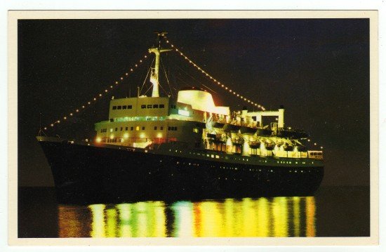 S/S Bermuda Star Postcard Evening Scene with reflected lights Panama Registry