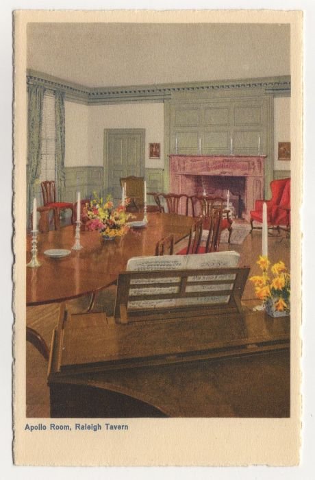 Apollo Room, Raleigh Tavern, Williamsburg, VA postcard Swiss Made white border #0494