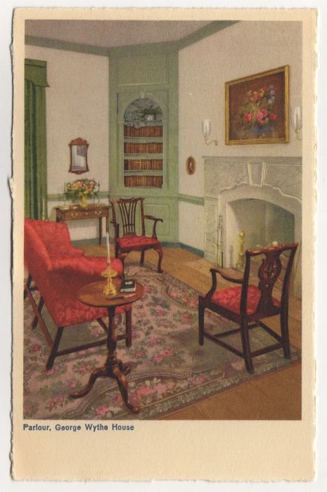 Parlour, George Wythe House, Williamsburg, VA postcard Swiss Made white border #0496