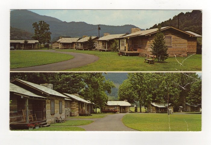 Pioneer Village in Beautiful Maggie Valley NC log cottages car Postcard 1960s #0532