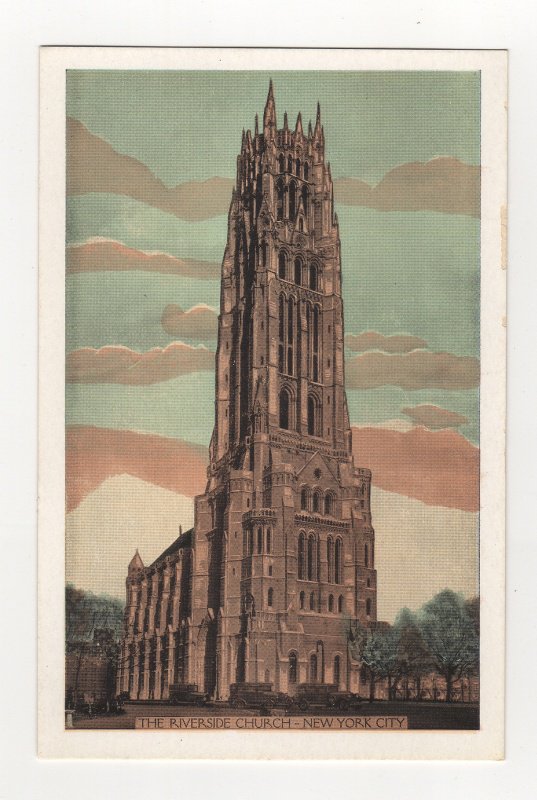 Riverside Church New York City white border Postcard Lumitone 1930s vintage cars #0536