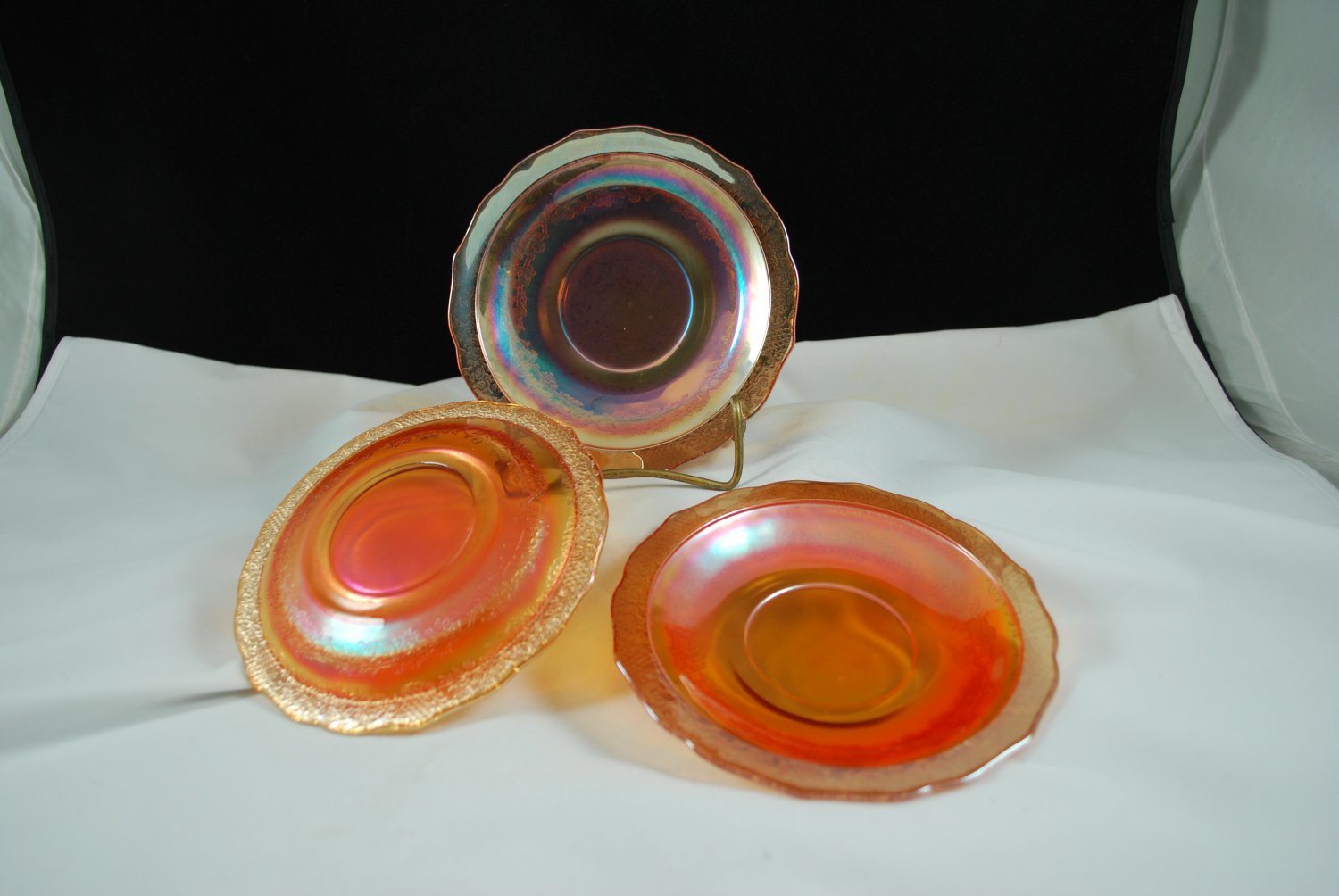 Set of 3 Federal Normandie or Bouquet and Lattice Iridescent Saucers