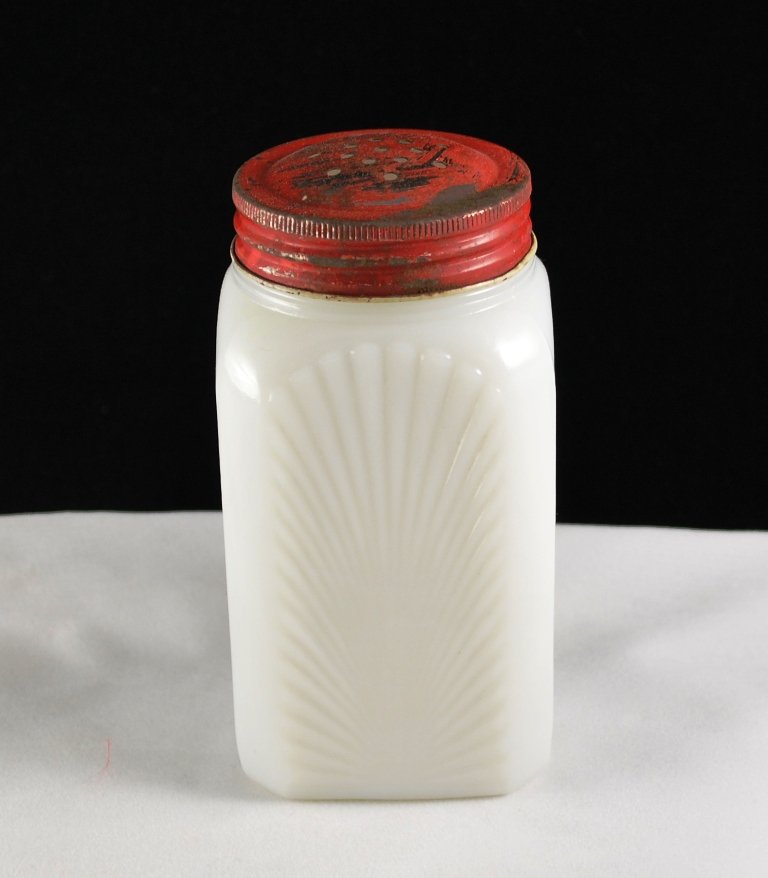 Vintage Milk Glass Shaker with Fan Design and Red Metal Cap