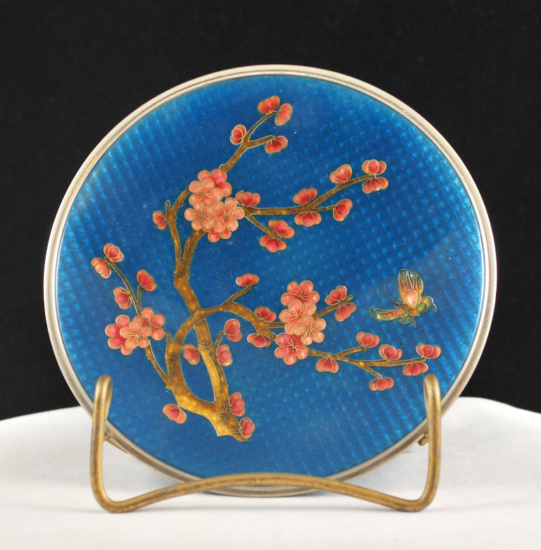 Vintage Blue Metal Collector Plate Floral Bird Design in Glass