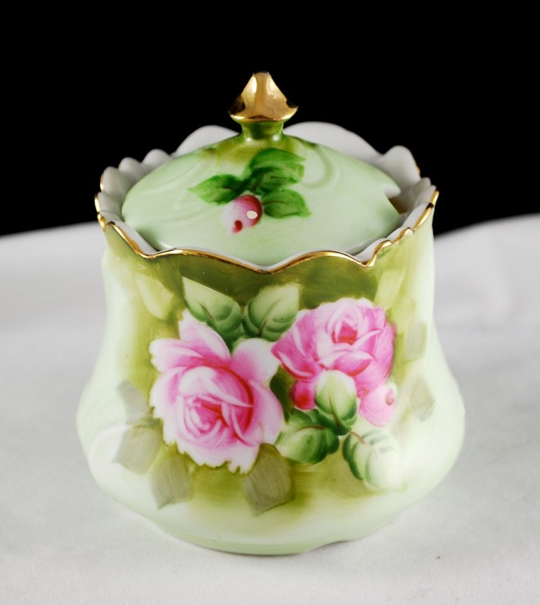 Lefton Heritage Green w/ Pink Roses Jam or Jelly Jar w/ Lid