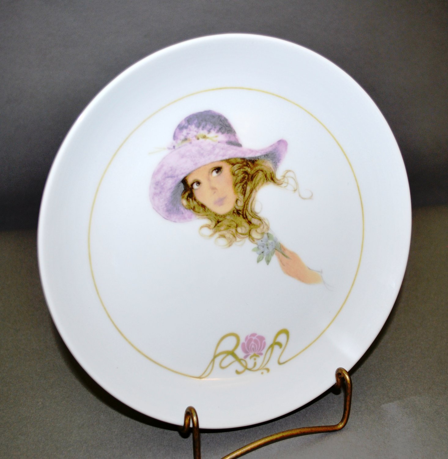 Enesco Young Girl White Porcelain Collector Plate with Lavender Hat Flower