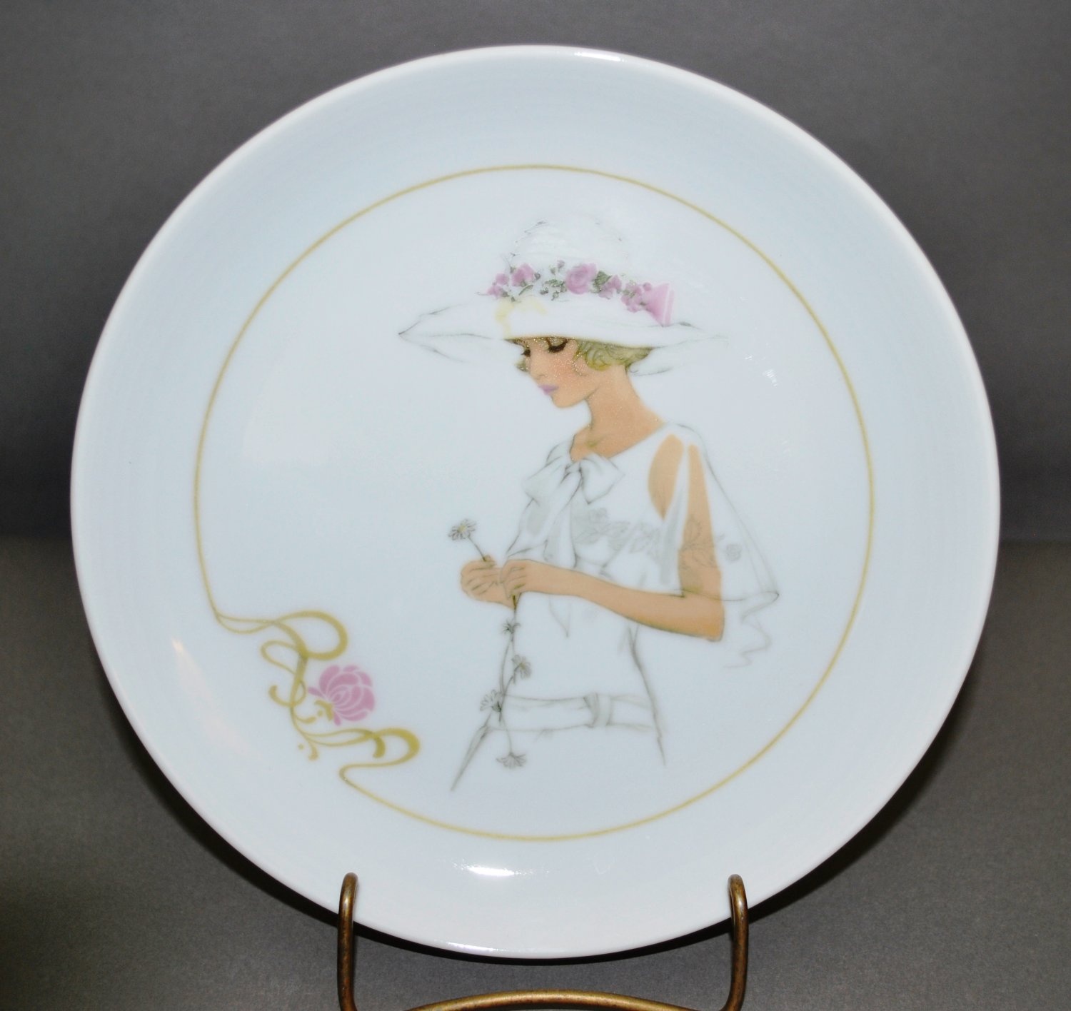 Blonde Girl Collector Plate by Enesco in Vintage White Dress Hat w/ Pink Roses