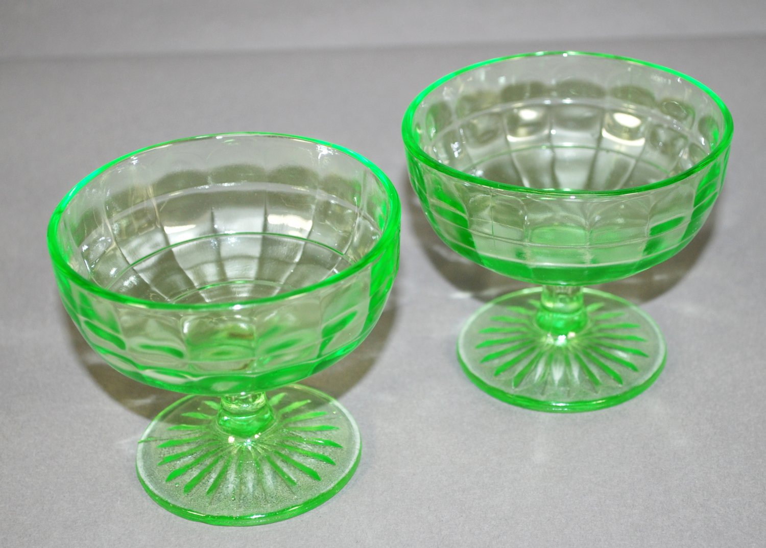 Set of 2 Hocking Green Depression Glass Block Optic Sherbets