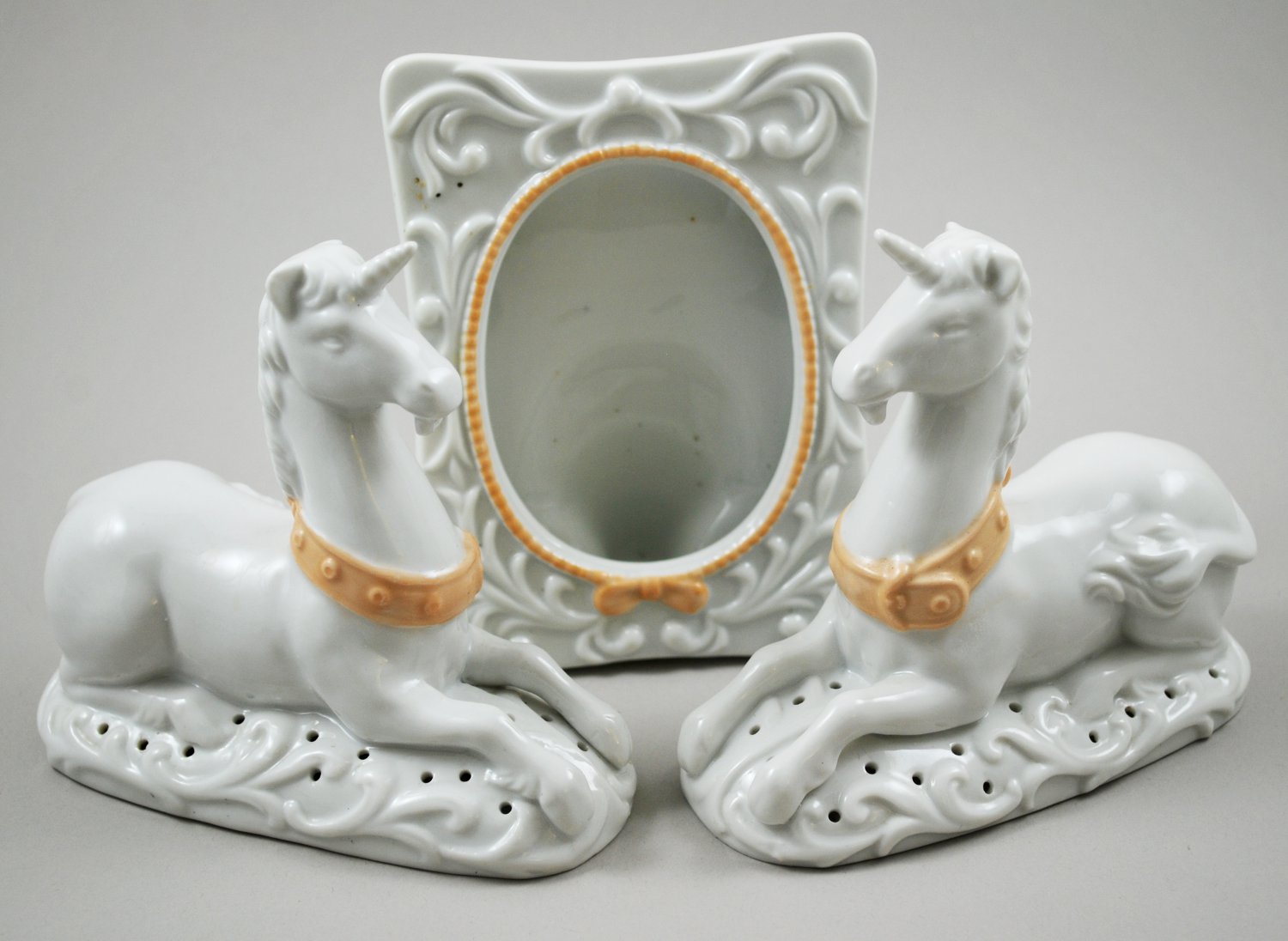 Set of 2 Avon 1981 Tapestry Porcelain Unicorn Pomanders and Picture Frame
