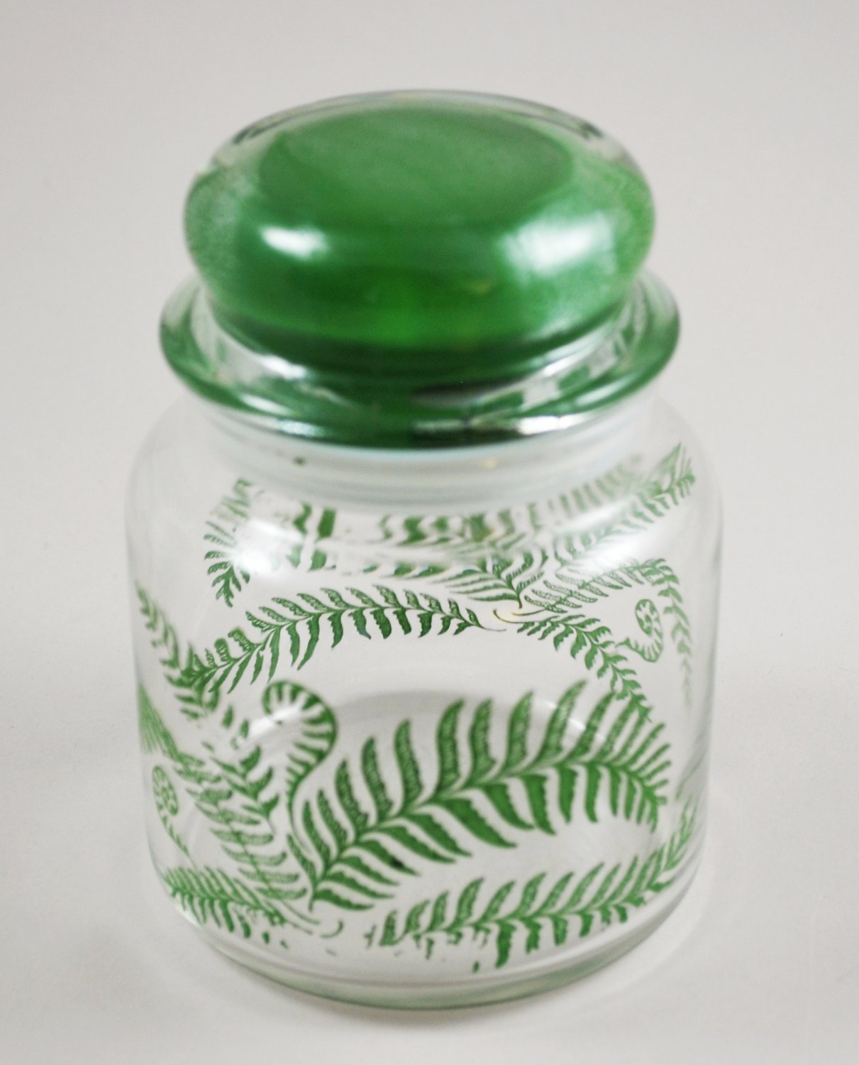 Vintage Clear Glass Storage Jar Covered Canister Green Ferns