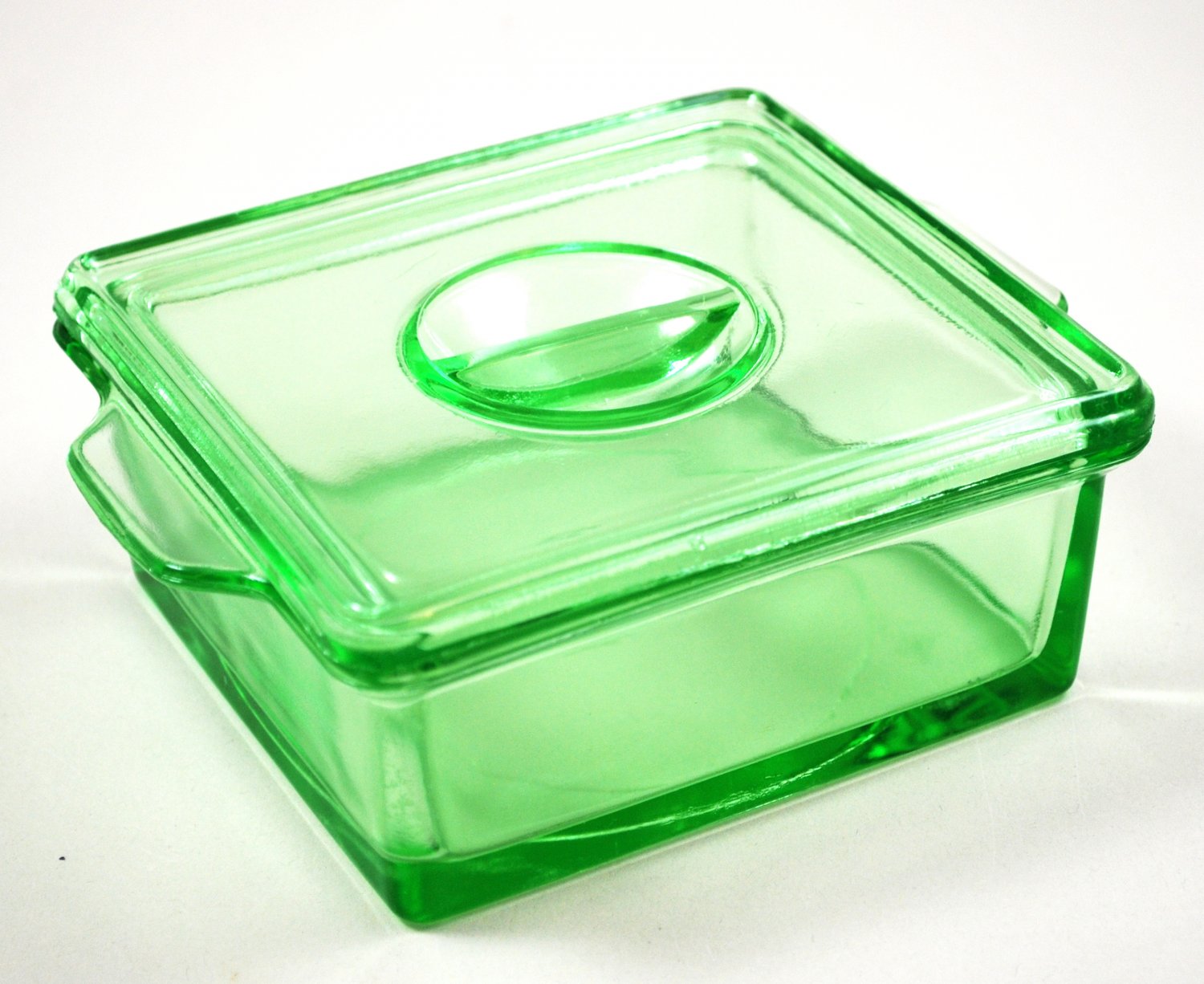 Hazel Atlas Depression Green Refrigerator Covered Glass Dish Straight Line Grip
