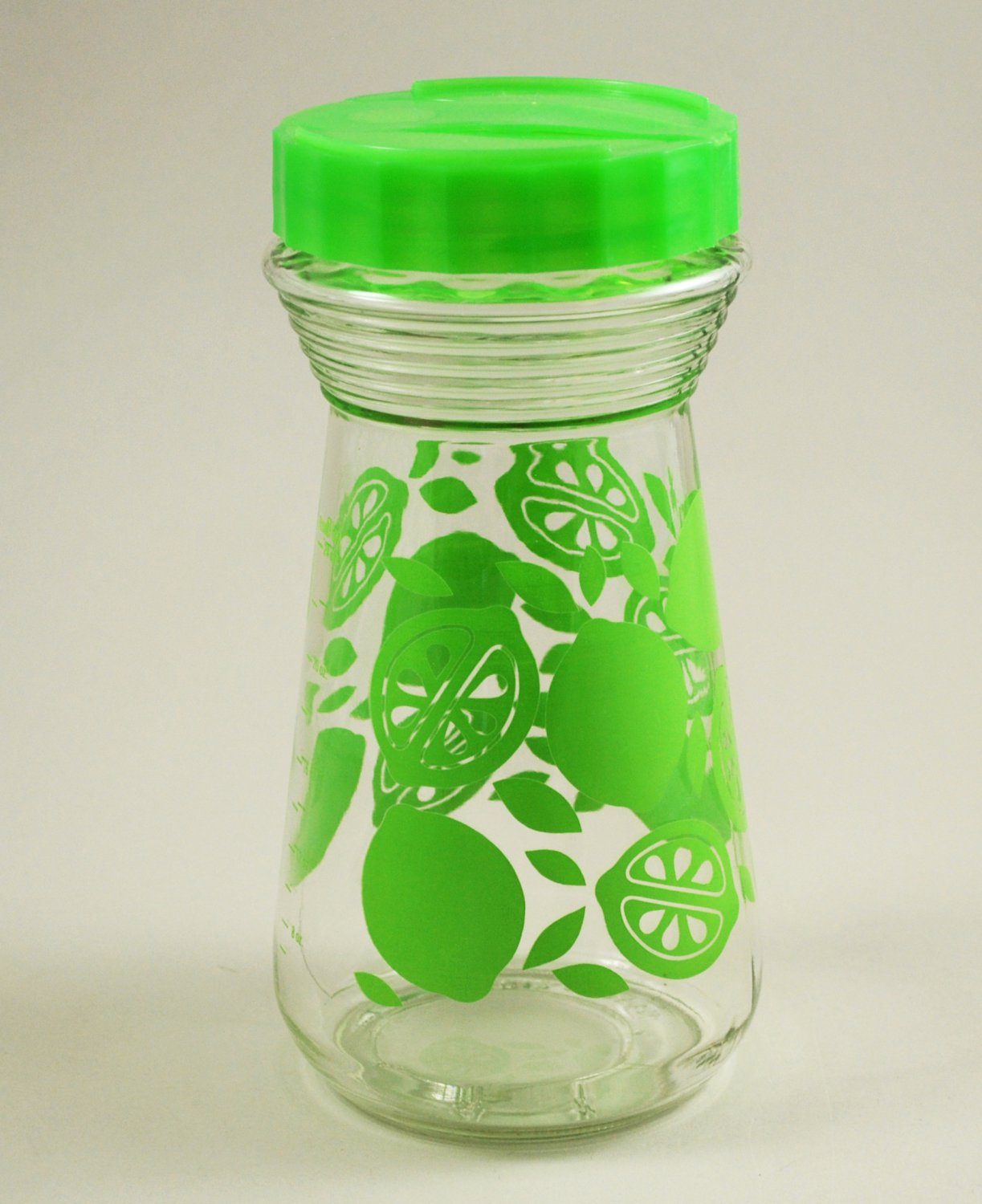 Vintage Glass Juice Carafe Pitcher w/ Green Lime Design w/ Plastic Flip Top Lid