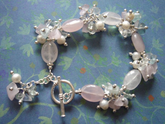 Freshwater Pearl, Rose Quartz and Fluorite Sterling Silver Bracelet
