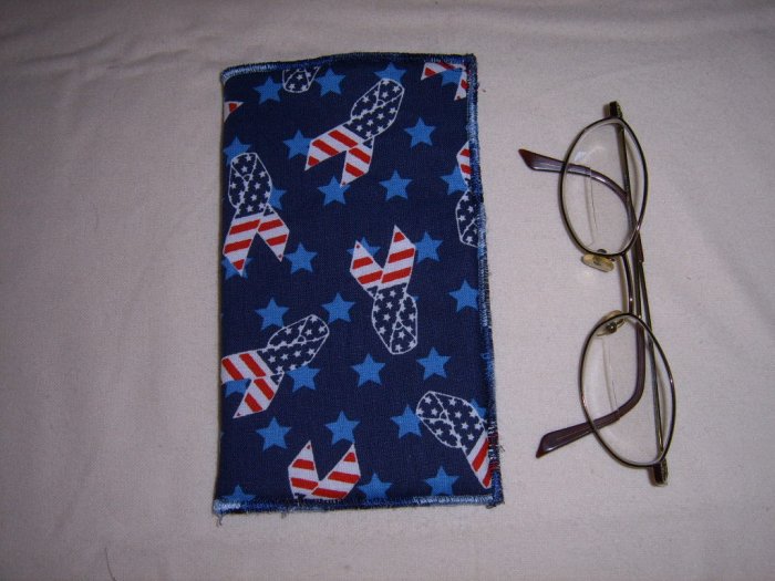 SUPPORT OUR TROOPS HANDMADE EYEGLASS HOLDER PATRIOTIC RIBBON FABRIC AND BLUE FLANNEL LINING