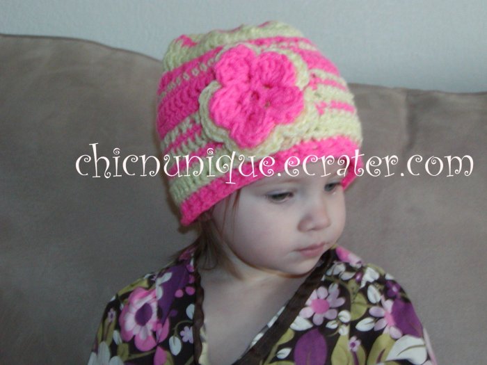 Boutique Crochet Pink & Yellow Cap With Double Flower *Any Size Available*