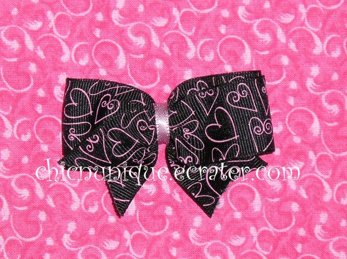 Adorable Boutique *Pink & Black* Heart Bow on an alligator clip