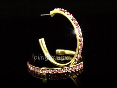 Gold Pla Hoop Earrings use Pink Swarovski Crystal SE001