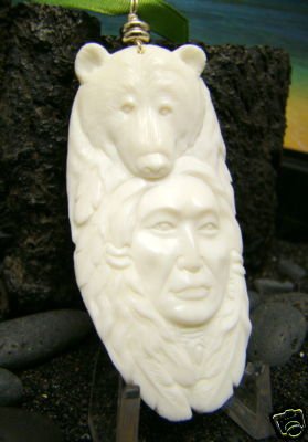 BROTHER BEAR CARVED BONE ANIMAL ALASKAN SPIRIT TOTEM PENDANT FREE GIFTS!!