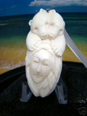 " POLAR BEAR CUBS " ALASKA ANIMAL SPIRITS TOTEM BONE PENDANT FREE GIFT & SHIPPING