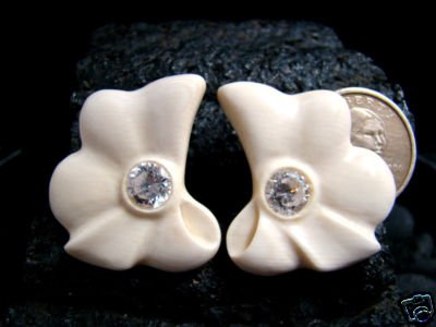 EARRINGS PIERCED FRENCH OMEGA STYLE - FOSSIL MAMMOTH IVORY W/ CRYSTAL CZ GEMSTONES