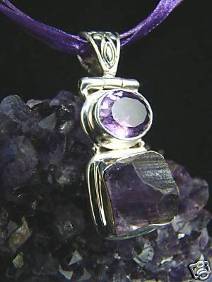 CUT & RAW AMETHYST GEMSTONES STERLING SILVER PENDANT