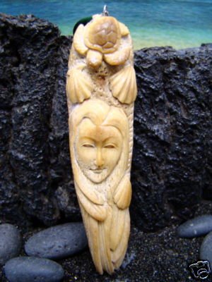 "MERMAID & HAWAIIAN SEA TURTLE,SHELLS " CARVED ALASKA MOOSE ANTLER ANIMAL SPIRIT PENDANT