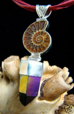 FOSSIL AMMONITE SHELL & NATURAL RAINBOW CRYSTAL STERLING SILVER PENDANT
