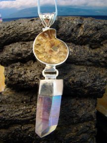 FOSSIL AMMONITE SHELL & NATURAL RAINBOW CRYSTAL SOLID STERLING SILVER PENDANT
