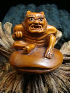 LITTLE DEVIL / DEMON ON SHELL CARVED HAWAIIAN KOA WOOD MINIATURE FIGURINE