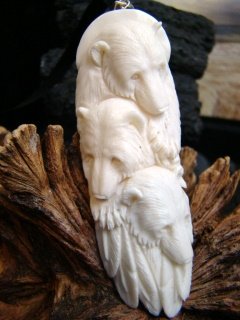 3 ALASKAN BEAR ANIMAL SPIRIT TOTEM CARVED BONE PENDANT FREE SATIN RIBBON SHIPPING & GIFT BOX