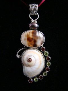 SEA SHELL & GEMSTONES & PEARL STERLING SILVER PENDANT