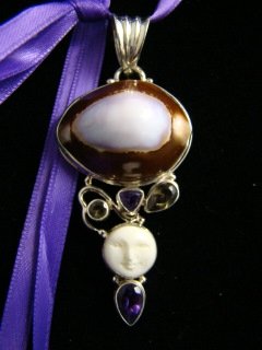 COWRIE SHELL GEMSTONE BONE FACE STERLING SILVER PENDANT